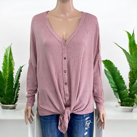 Dusty Rose Waffle Weave Front Knot Top - Picture 9 of 16